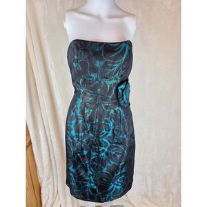 Black Teal Floral Brocade Strapless‎ Cocktail Party Dress Size 8